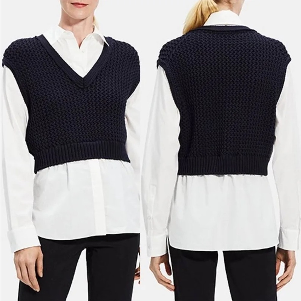 Theory Combo Woven Navy Knit V-Neck Sweater Vest Button Down Shirt